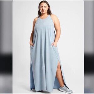 Athleta Hayes Pleated Maxi Dress 3X Blue Star Lightweight Comfy UPF Travel